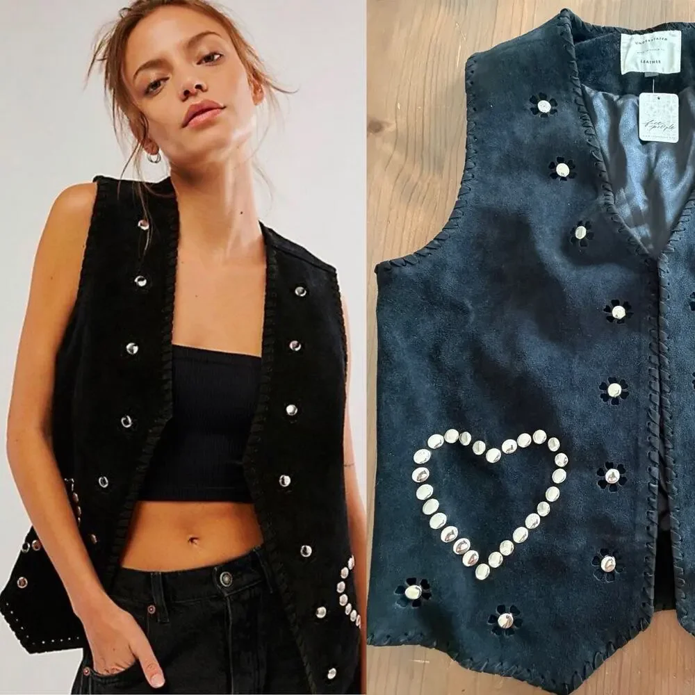 Free people Understated Leather Western Rachel Love Suede Vest nwt lg black